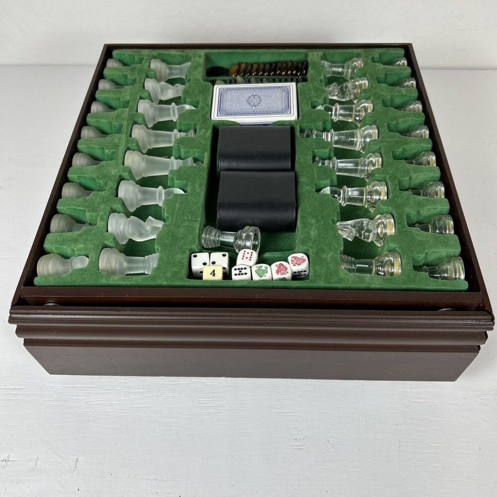Wooden Glass 6-in-1 Delux Backgammon, Chess, Checkers, Cribage, Poker, Cards
